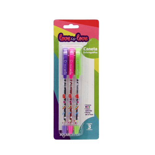 Caneta Love Is Love 0.7Mm Colorida C/ 3 Und Rx/Ro/Vd Jocar Office