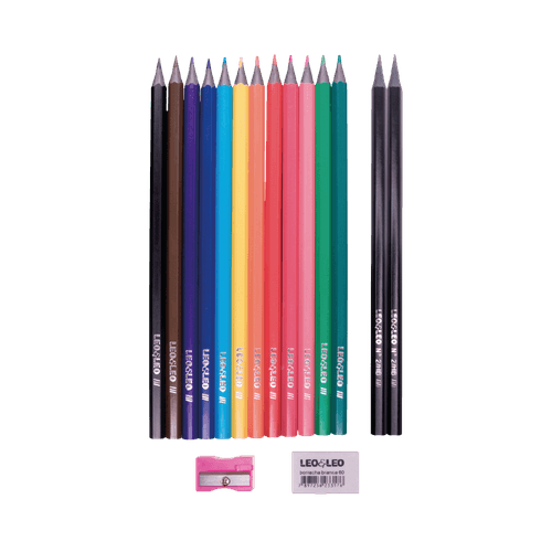 Kit Lápis De Cor 12 Cores C/2 Lápis Hb/Borracha/Apontador Pct/4 Kit Leoeleo