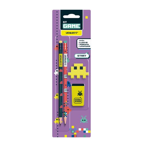Kit Lápis Hb Game 2 Lápis/1 Apontador/ 1 Borracha Cx C/24 Blister Leo E Leo