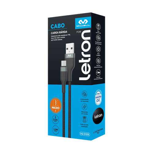 Cabo Trançado Letron Micro Usb, Reforçado, 1M - Preto Vq-D109