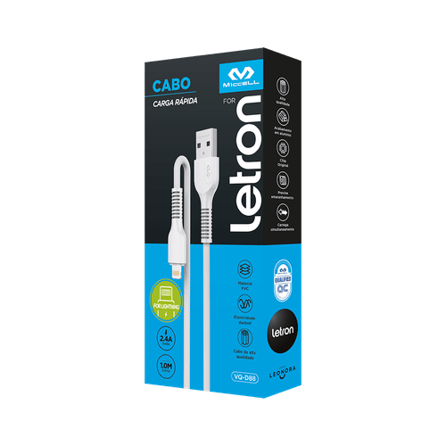 Cabo Lightning De Alta Resistência Compatível com IOS, Letron - Pvc 1M Branco