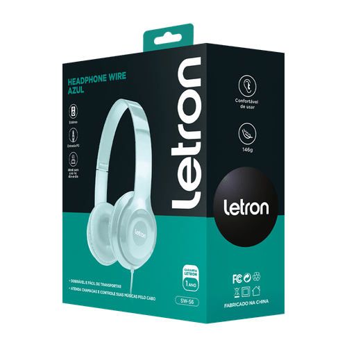 Headphone Wire Azul Estereo Driver 40 Mm C/ Fio 2M Letron