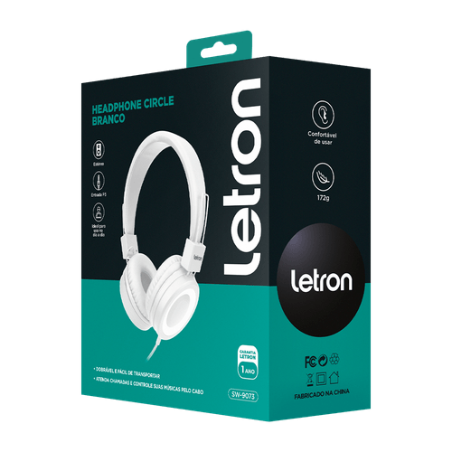 Headphone Circle Branco Estereo Driver 40 Mm C/ Fio 1,9M Letron