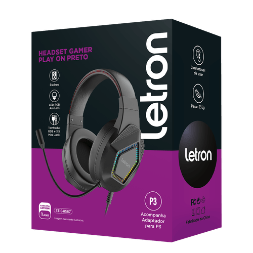 Headset Gamer Play On Preto Led Rainbow 2M Driver 40Mm Letron