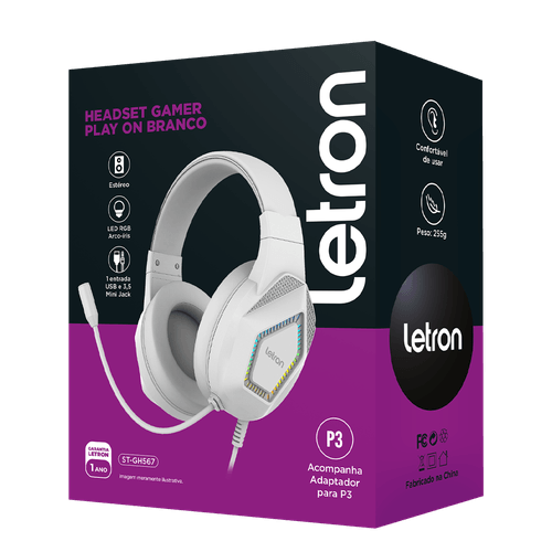 Headset Gamer Play On Branco Led Rainbow 2M Driver 40Mm Letron