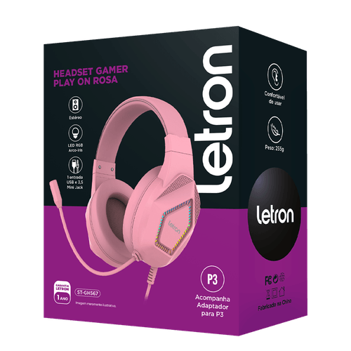 Headset Gamer Play On Rosa Led Rainbow 2M Driver 40Mm Letron
