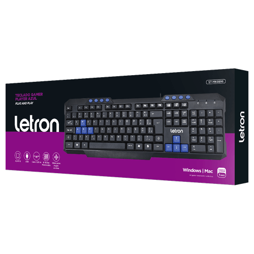 Teclado Gamer Player Azul Membrana Tecla Multimidia Ergonômico Letron