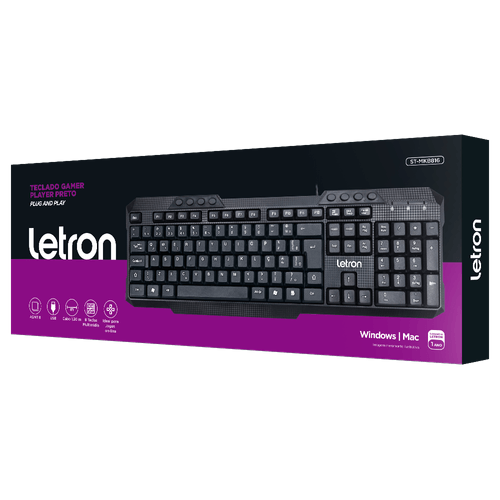 Teclado Gamer Player Preto Membrana Tecla Multimidia Ergonômico Letron