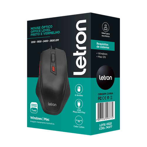 Mouse Optico Office Level Preto E Vermelho Fio Usb Letron