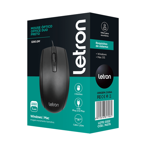 Mouse Optico Office Duo Preto Fio Usb Letron