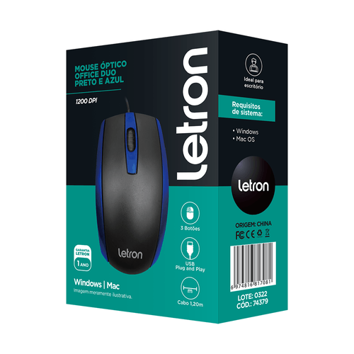 Mouse Optico Office Duo Preto E Azul Fio Usb Letron