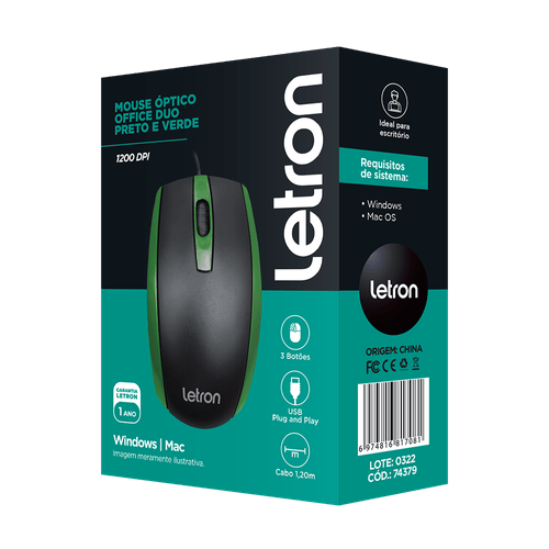 Mouse Optico Office Duo Preto E Verde Fio Usb Letron