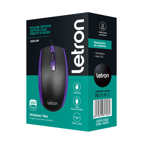 Mouse Optico Office Duo Preto E Roxo Fio Usb Letron