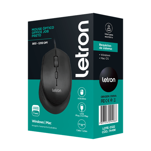 Mouse Optico Office Job Preto Fio Usb Letron