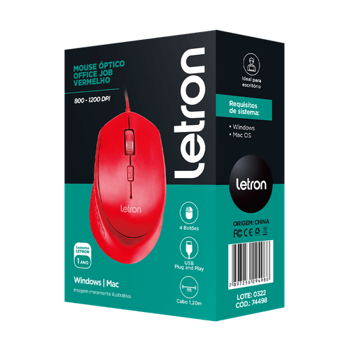 Mouse Optico Office Job Vermelho Fio Usb Letron