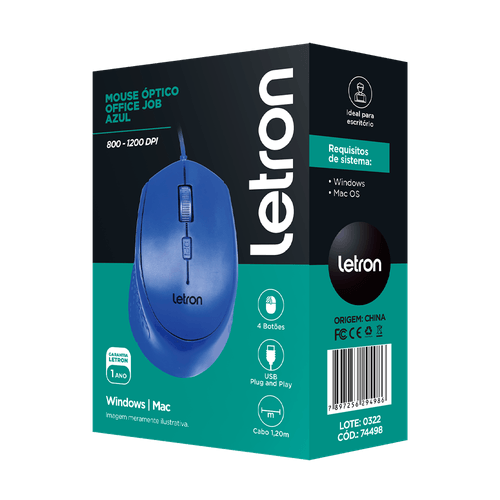 Mouse Optico Office Job Azul Fio Usb Letron