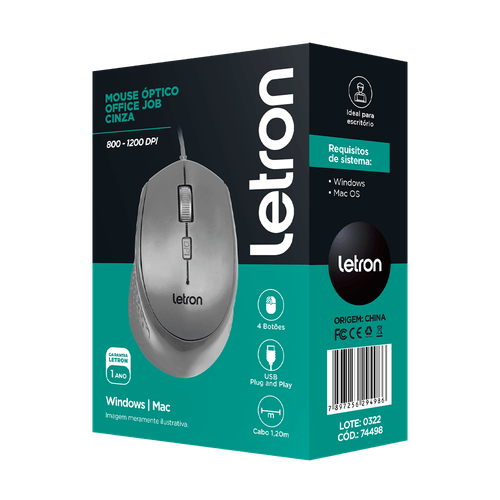 Mouse Optico Office Job Cinza Fio Usb Letron