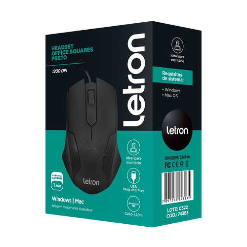 Mouse Optico Office Squares Preto Fio Usb Letron