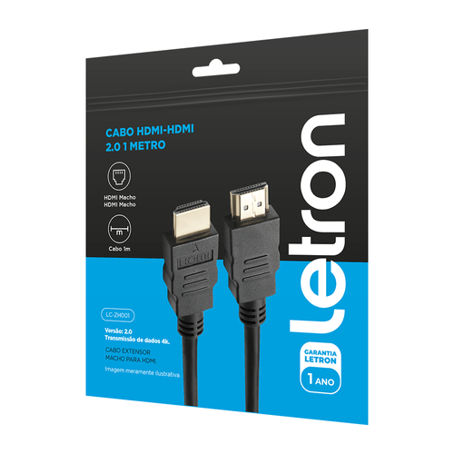 Cabo HDMI 2.0 1 Metro 4K Ultra HD Ponta de Ouro na cor preta Letron