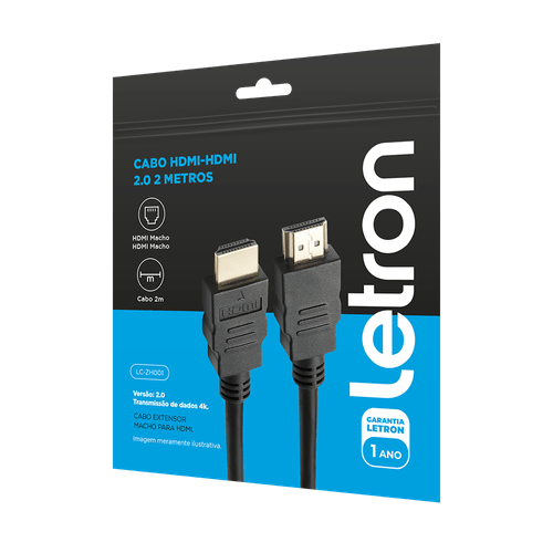 Cabo HDMI 2.0 2 Metros 4K Ultra HD Ponta de Ouro na cor preta Letron