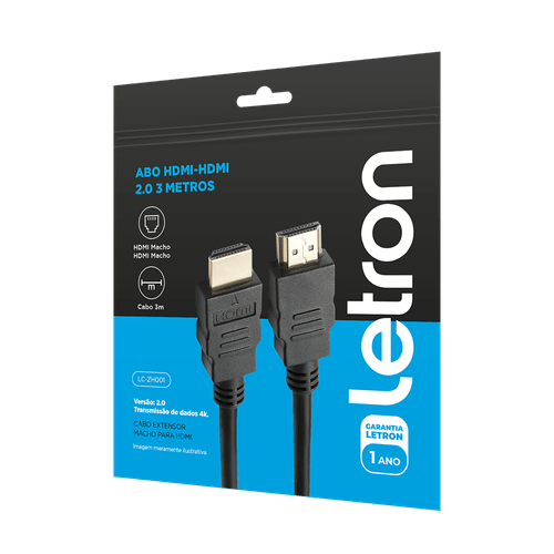 Cabo HDMI 2.0 3 Metros 4K Ultra HD Ponta de Ouro na cor preta Letron