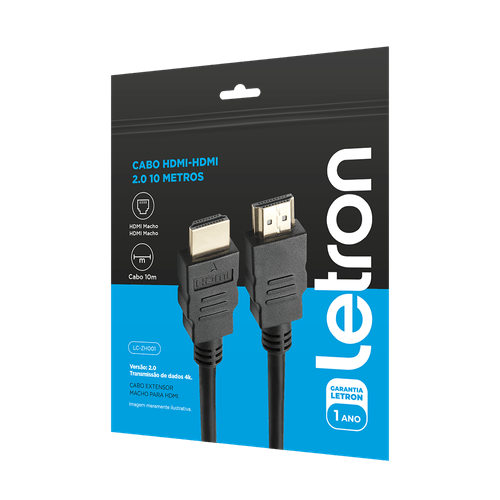 Cabo HDMI 2.0 10 Metros 4K Ultra HD Ponta de Ouro na cor preta Letron