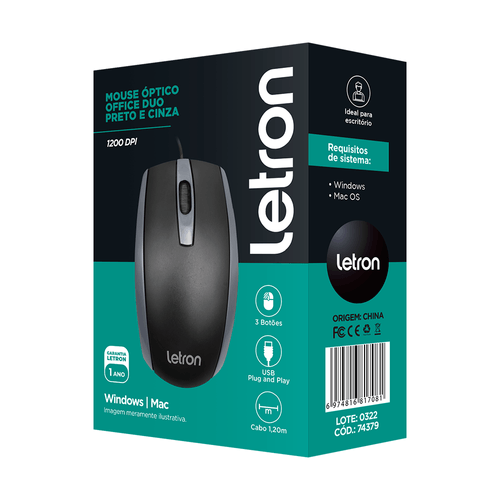 Mouse Optico Office Duo Preto E Cinza Fio Usb Ergonômico 3D Letron