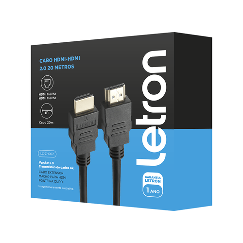 Cabo HDMI 2.0 20 Metros 4K Ultra HD Ponta de Ouro na cor preta Letron