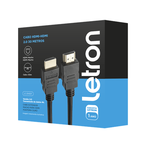 Cabo HDMI 2.0 30 Metros 4K Ultra HD Ponta de Ouro na cor preta Letron