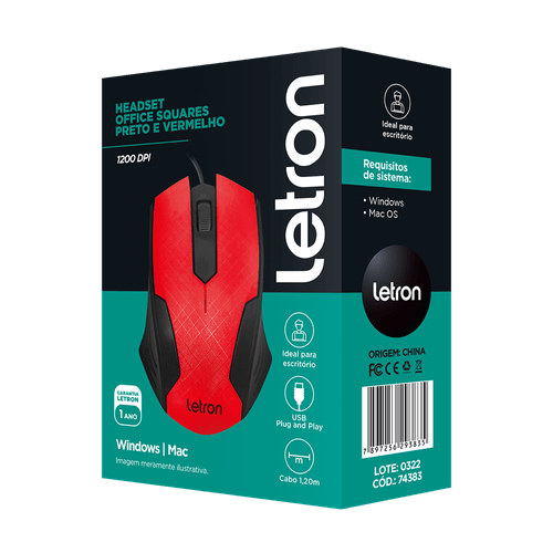 Mouse Optico Office Squares Preto E Vermelho Fio Usb Letron