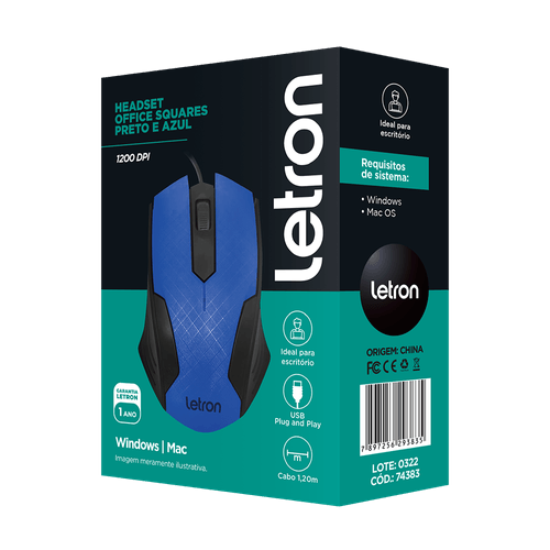 Mouse Optico Office Squares Preto E Azul Fio Usb Letron