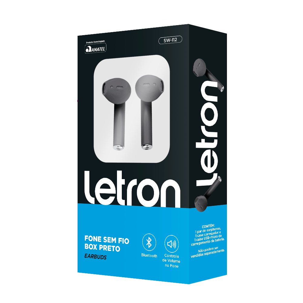 Fone Sem Fio Box Preto Estereo Earbuds Case/Carregador Bluetooth Letron -  leonora