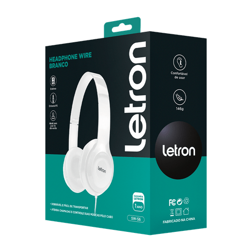 Headphone Wire Branco Estereo Driver 40 Mm Com Fio 2M Letron