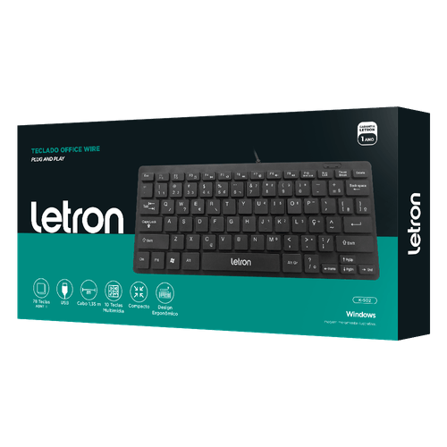 Teclado Office Wire Controle De Midia Ergonomico Preto Letron