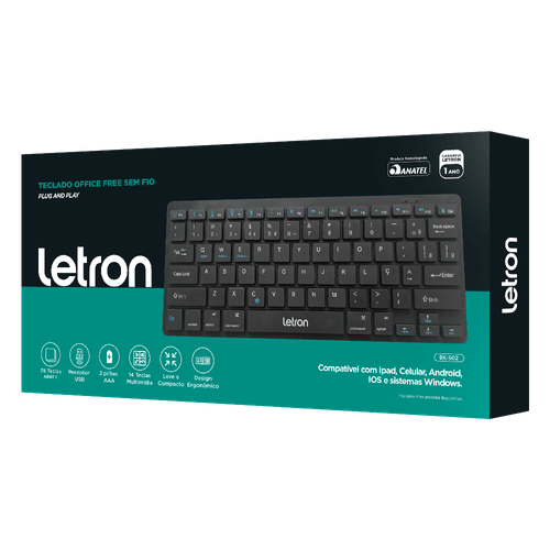 Teclado Office Free Sem Fio Ergonomico Bluetooth Preto Letron