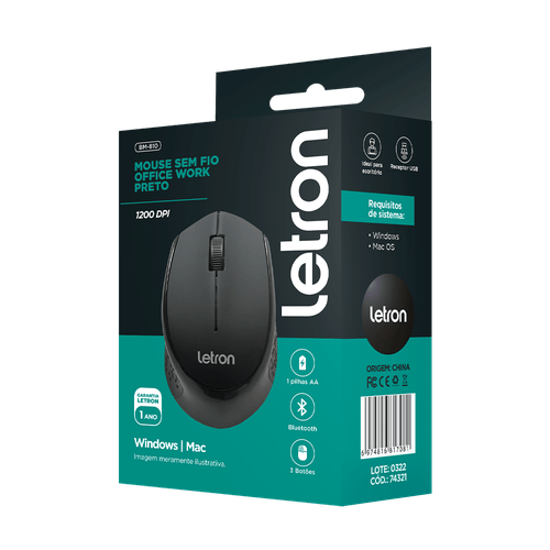 Mouse Sem Fio Office Work Preto Bluetooth Ergonomico Optico Letron