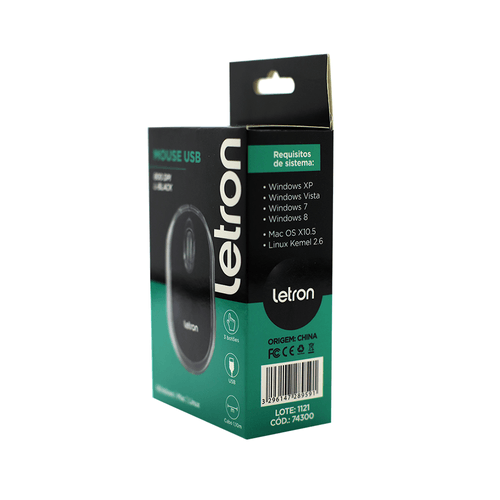 Mouse Óptico Com Led 3 Botões E  800Dpi, Usb Preto 1601 Letron