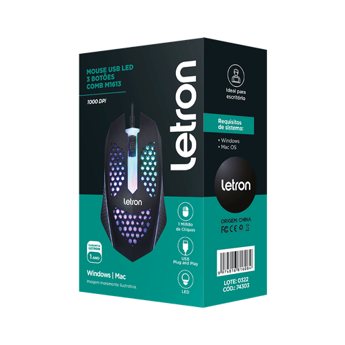 Mouse Gamer Letron Rgb Com 3 Botões Até 1000 Dpi Comb M1613