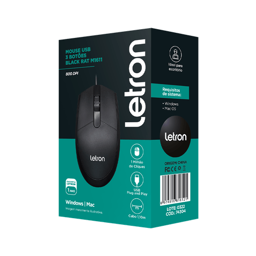 Mouse Óptico Letron 3 Botões Com 1600 Dpi, Usb Black Rat