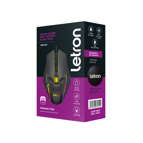 Mouse Gamer Rgb 7 Botões/ 4 Switches Até 7200 Dpi  Black Iron 1622 Letron