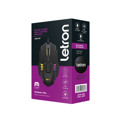 Mouse Gamer Rgb 6 Botões/ 4 Switches Até 3200 Iron Bot 1623 Letron