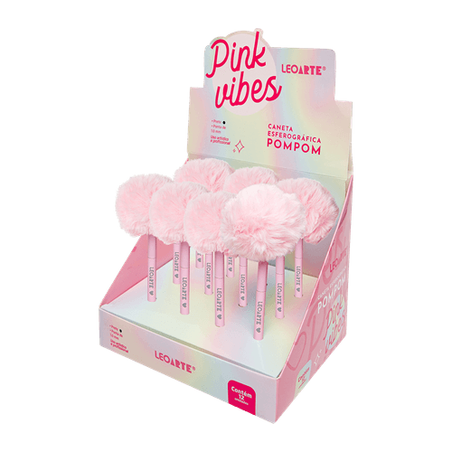Caneta Esferográfica Pompom Pink Vibes - Tinta Preta Display C/ 12 Leoarte
