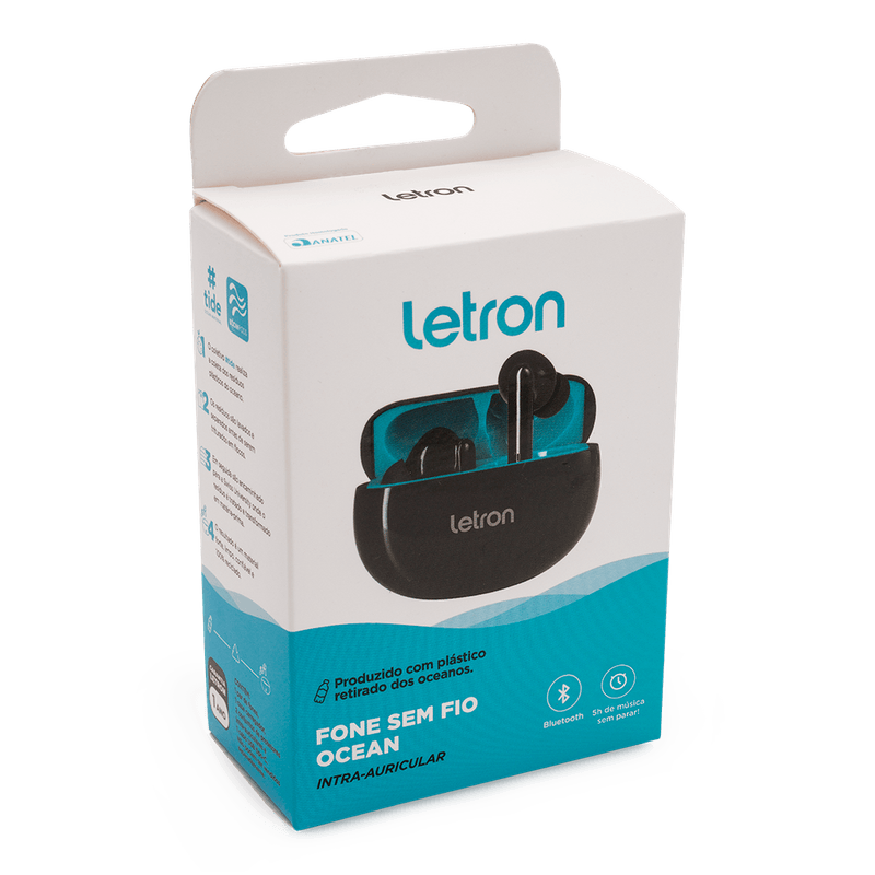 Fone De Ouvido Sem Fio Ocean Preto Plastico Reciclado Bluetooh 5.0 7H  Bateria Skim, Letron - leonora