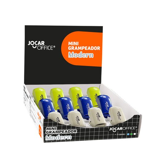 Grampeador Mini Modern P/ 10 Folhas Branco Verde Azul - Display C/ 12 Und Jocar Office