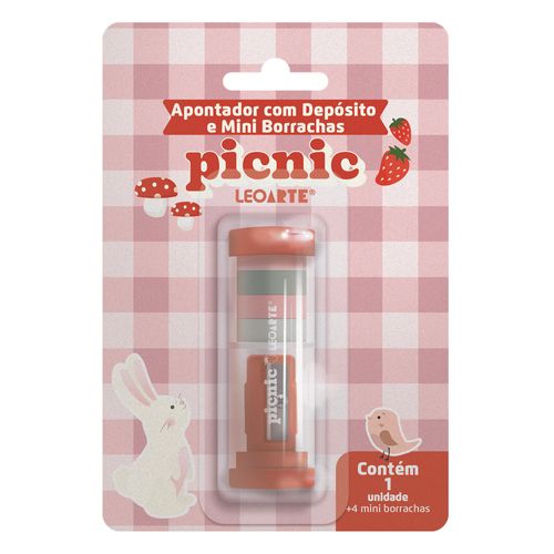 Apontador C/ Depósito E 4 Mini Borrachas Picnic Blister C/1 Und Leoarte