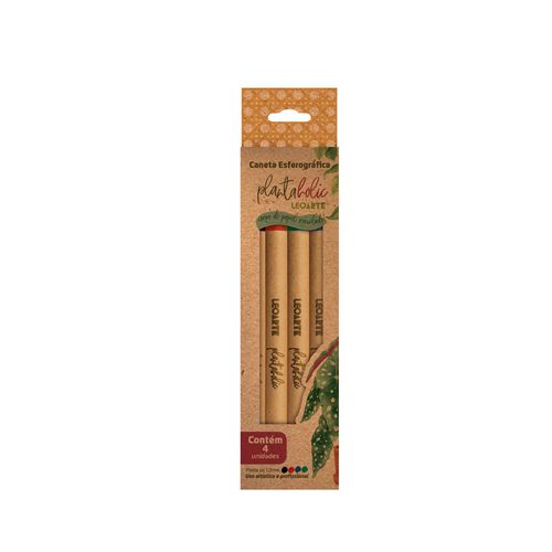 Caneta Esferográfica Corpo Reciclado Plantaholic 1.0Mm - Blister C/ 4 Cores Preta / Vermelha / Azul