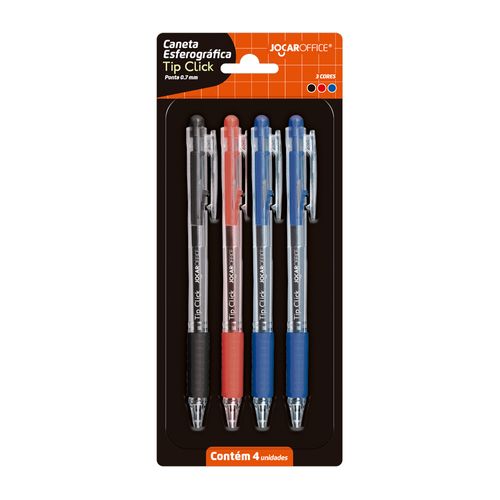 Caneta Esf. Tip Click 0.7 - Blister C/ 4 Unid. Azul Preta Vermelha Jocar Office