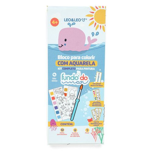 BLOCO DE COLORIR COM AQUARELA FUNDO DO MAR - OPPBAG C/ 1 UND 12 FOLHAS C/6 PASTILHAS DE AQUARELA CAD