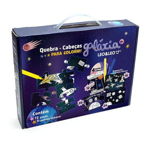 QUEBRA-CABEÇA 4 EM 1 PARA COLORIR GALAXIA - KIT C/ 72 PEÇAS E 3 HIDROCOR - LEO&LEO