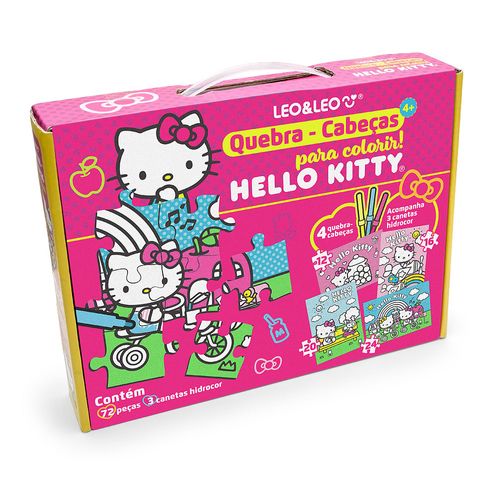 QUEBRA-CABEÇA 4 EM 1 PARA COLORIR HELLO KITTY - KIT C/ 72 PEÇAS E 3 HIDROCOR - LEO&LEO